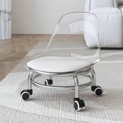 Taburete rodante de acrílico de metal, cómodo asiento giratorio con respaldo y ruedas de 360 grados para el hogar, oficina, jardín, garaje y tienda
