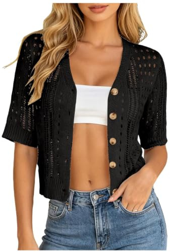 Cardigan Court Femme Col V Manches Courtes Tricot Ajouré Boutonné Léger Respirant Cropped Gilet Veste d'Été Plage Vacances Sorties Quotidiennes