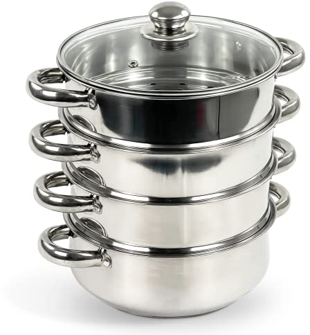 Induction Hob Stainless Steel 3 & 4 Tier Steamer Cooking Cookware Pot Pan with Glass Lid by Crystals® (4 Tier 24cm)