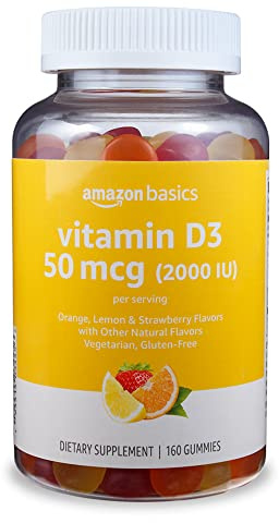 Amazon Basics Vitamin D3 2000 IU Gummies, Orange, Lemon & Strawberry, 160 Count (2 per Serving) (Previously Solimo)