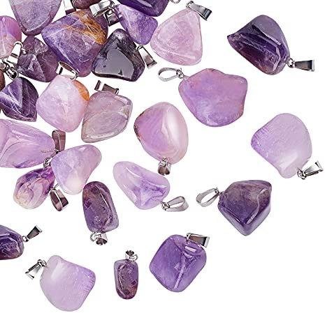 UNICRAFTALE 24pcs Natural Amethyst Pendants with Stainless Steel Snap On Bails Gemstone Pendant Quartz Charms Large Hole Pendant for Women DIY Necklaces Jewelry Making, Hole 3x7.5mm