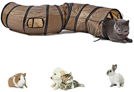 Labyrinthe à 5 tunnels interactif, pliable et léger en tissu froissé avec pompon et cloches pour chats, petits lapins, chatons, chiots, furets ou cochons d’Inde