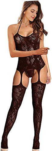 Bommi Fairy Damen Reizwäsche Spitzen Teddy Unterwäsche Strapsen Negligee Nachtwäsche Nachthemd Halfter Sling Lingerie Transparente Babydoll mit Strumpfhaltergürtel-Dessous (Schwarz)