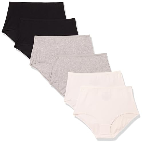 Amazon Essentials Culotte Taille Haute en Coton Femme, Lot de 6, Blanc/Gris Chiné/Noir, 48