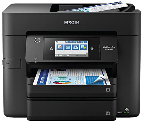 Epson Workforce Pro WF-4833 Wireless All-in-One Color Inkjet Printer, Black - Print Scan Copy Fax - 4.3 LCD, 25 ppm, 4800x2400 dpi, Auto 2-Sided Printing, 50-Sheet ADF, 500-Sheet, Ethernet, DAODYANG