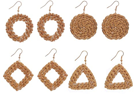 HUNO 4 Pairs Lightweight Rattan Knit Dangle Earrings Bohemia Straw Wicker Braid Woven Geometric Statement Earring Women Bamboo Jewelry-style 4