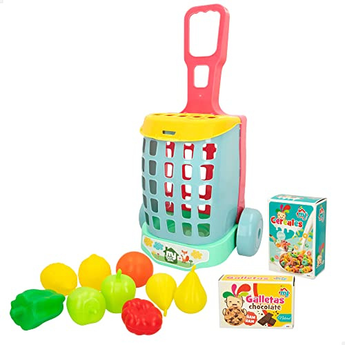 ColorBaby 43999 - Carrito de la compra de juguete con 11 piezas de comidita para jugar/Carro para IR al supermercado, juguetes para niños y niñas/Regalos para niños, accesorios de cocina