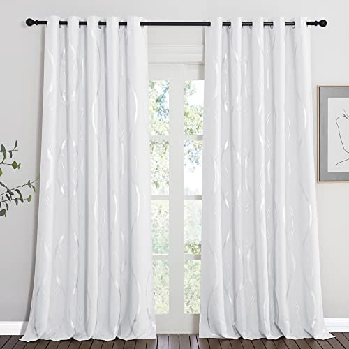 PONY DANCE Blackout Foil Curtains for Living Room - Door Curtains Thermal 90 drop, Silver Wave Line Printed Decorative Bedroom Curtains for Kids, Greyish White, 66 Inch Wide, 2 Panels Window Drapes