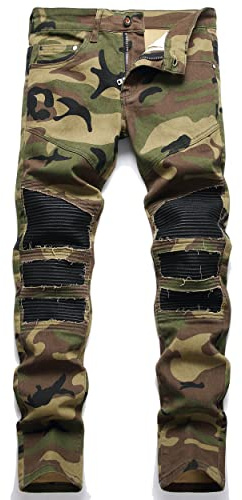 RXXKKK Men's Classic Zipper Biker Regular Fit Flex Jean (32, 6614 Camouflage)
