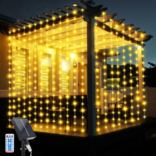JIMACRO Cortina de Luces Solares, 3Mx3M Impermeable Cadena de Luces Solares, 10 Pcs Lámparas de Cortina Solar 8 Modos 300 LED Cortina Luces con Control Remoto para Vacaciones Patio Jardín Boda