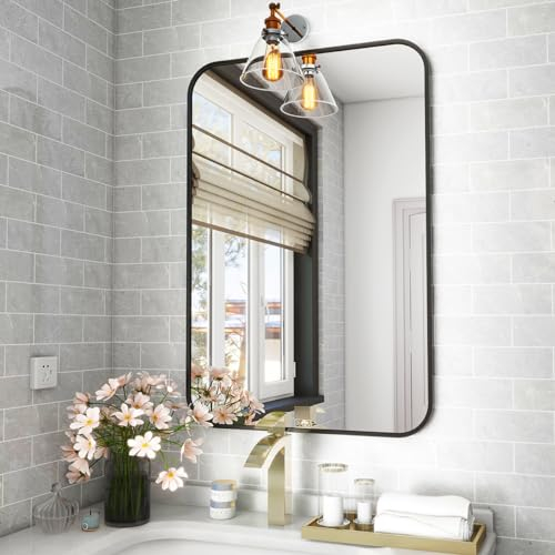 Koonmi Miroir Mural rectangulaire 51 x 71 cm - Cadre en métal - Miroir Mural d'angle Rond pour Salle de Bain, Salon - Montage Mural Horizontal ou Vertical - Noir