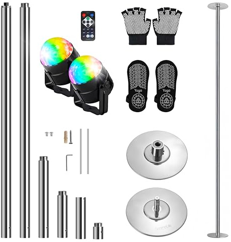 SereneLife Palo Pole Dance da Casa 45 mm con Luci LED, Palo Pole Dance Professionale Girevole Portatile in Acciaio Inox Resistente per Fitness, Palestra e Club, Ideale per Danza e Allenamento
