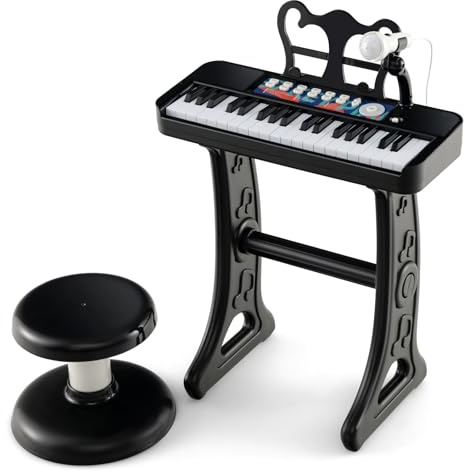 KOMFOTTEU Clavier 37 Touches pour Enfants, Piano Électronique avec Effets Sonores, Microphone et Tabouret, 22 Beat/4 Tone/4 Rhythm (Noir)