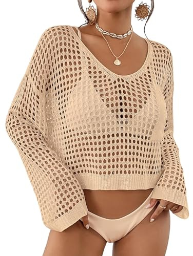 Bsubseach Femmes Crochet Crop Top Plage Maillot De Bain Cover Up Manches Longues Hollow Out Maillot De Bain Cover Ups Tenues D’éTé Abricot