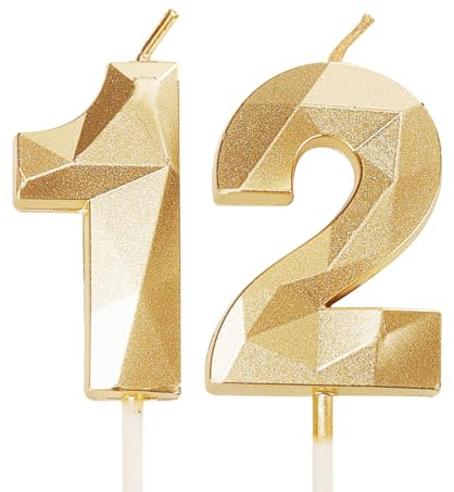 Velas de 12º Cumpleaños, Velas Doradas Número 12 Feliz Cumpleaños, Decoraciones de Adorno de Pastel para Niños y Niñas para Fiesta de Cumpleaños de 12 Años, Boda, Aniversario, Celebración, Suministro