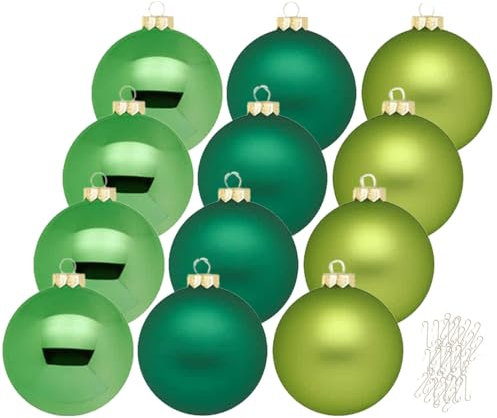 Inge Glas große Weihnachtskugeln mit Haken | Christbaumkugeln aus Glas | Set 12 Kugeln 8cm groß und 40 Aufhänger | Christbaumschmuck Weihnachtsbaumkugeln (Evergreens | grün)