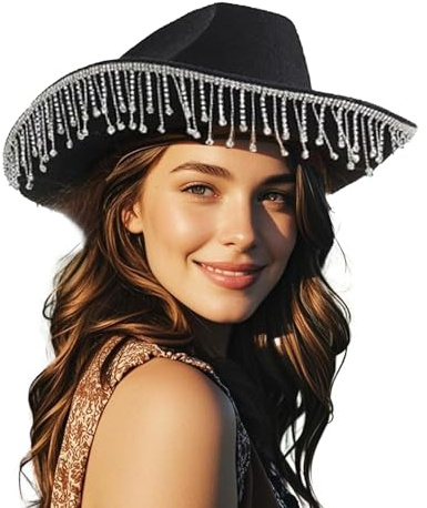 Dam tofs cowboyhatt, brett brätte strass lugg tofsad filt hatt med satinband, västerländsk cowboyhatt stor för klubb maskeradfest, Svart, one size