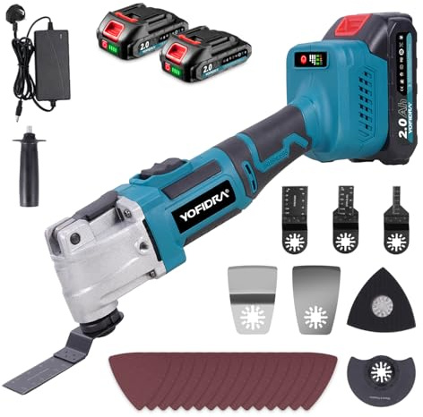 Yofidra Oscillating Multi Tool Cordless, 21V 300W Brushless Multi-Tool with 2x2000mAh Batteries & Charger, 20000RPM, 4°Oscillation, 6+3 Variable Speed, LED Light, for Cutting Grinding DIY