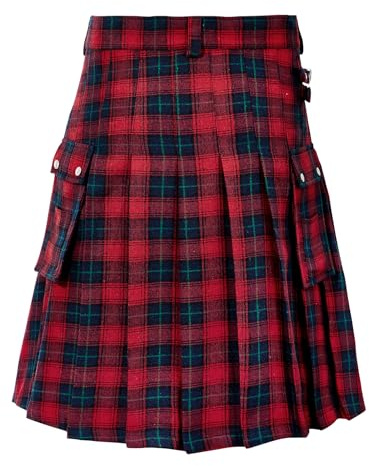 Zando Kilt for Men Scottish Kilt Traditional Highland Tartan Casual Utility Kilts with Adjustable Waist & Big Pockets for Weddings, Festivals, and Outdoor Activities Red Plaid Skirt Large