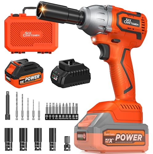 Avvitatore a Impulsi Brushless 21V, SIX CRAFTSMEN 1/2 Avvitatore ad Impulsi 500 N.m, Avvitatore a Percussione con Batteria 4.0 Ah, Velocità Regolabile, Ideale per Fai da te, Mobili e Auto Leggere