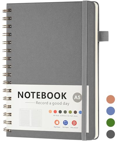OSDUE Bloc de Notas Espiral, A5 Cuaderno de PU Diario de Viaje 100 Hojas/200 Páginas 80g/m² con Anillas Bolsillos Ampliables Gomas Elásticas Cubierta Impermeable Agenda Semanal Gris 21.5cm*15.6cm
