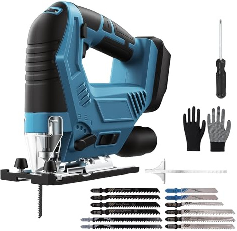 Stichsäge kompatibel mit Makita 18V, bürstenlose Pendelhub-Stichsäge, 6-Gang, 20 mm Hub, 45° Schrägschnitt, LED, jigsaw elektro-stichsägen inkl. 12 Sägeblätter, für Holz Metall & Kunststoff, ohne Akku