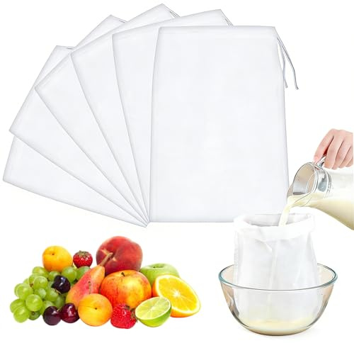 6 PCS Reusable Straining Bag, 20 * 30cm Cheesecloth Drawstring Bags, Cold Brew Coffee Cheese Cloths Strainer, Mesh Bags Net Bags Muslin Cloths for Cooking, Yogurt, Nut Milk, Food Straining（200 Mesh）
