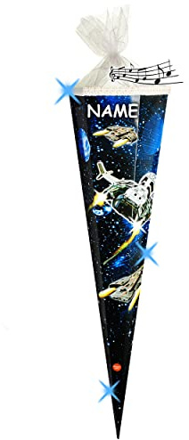 alles-meine.de GmbH mit LED Licht & Sound Effekt Modul ! Schultüte - Raumschiff - Weltraum & Weltall - 85 cm - eckig - incl. Name - Tüll Abschluß - Zuckertüte - mit/OHN..