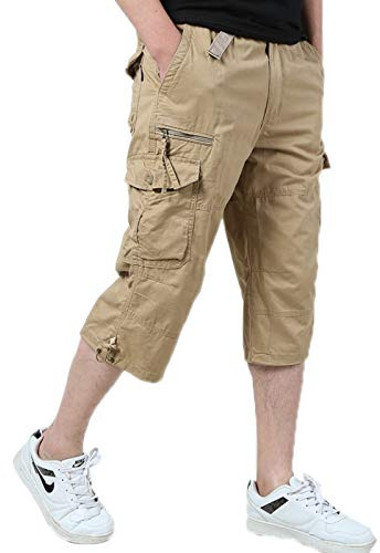 Hommes Cargo Shorts en Coton Bermuda Pantacourt Casual Multi Poches Loisirs 3/4 Short Eté Hommes Short de Sport Court Pantalon Kaki Taille FR XL(Asie 3XL)