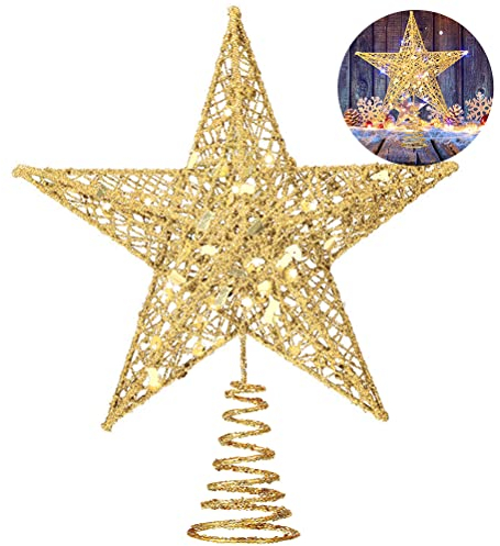 Gold Christmas Tree Topper Star,AOBETAK Glitter Xmas Trees Top Decoration,Metal Wire Stars For Topper Of Christmas Tree Home Decoration 20cm/7.8in