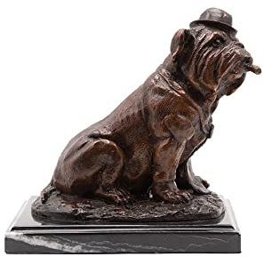 Yerd Gartendeko/Innendeko: Bronzefigur Hund mit Zigarre braun lackiert auf Sockel