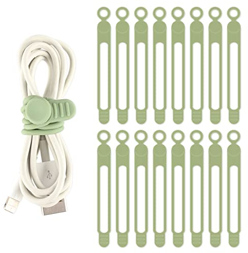 TamBee Cable Ties Reusable Silicone Cable Straps 16pcs Cable Wire Ties Cable Cord Organizers for Earphone Phone Charger Audio Cable Computer (16Pcs, Green)