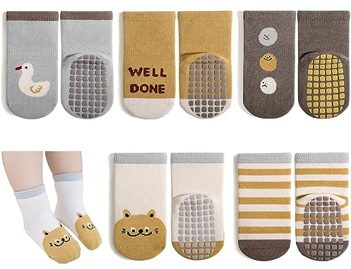 Exemaba Baby Anti Slip Socks 5 Pairs Toddler Cute Animal Crew Slipper Socks for Boys Girls(Blue Duck,M)