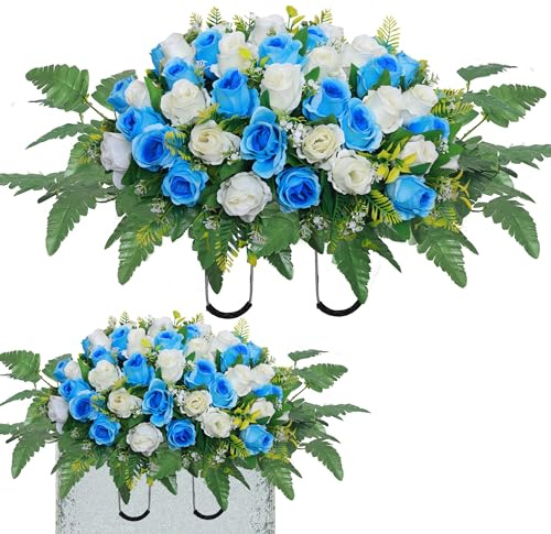 Lodou Artificial Cemetery Flower Saddles, Rose Headstone Flower Saddle Outdoor Grave Decorations,Cemetery Memorial Flowers with Vase for Grave Tombstone Decorations (Blue with White, Saddle)