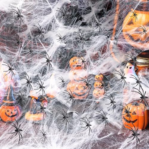 Dazhtu Spinnennetz Halloween Deko Outdoor, Halloween Spinnen Deko, 300g Dehnbare Weiß Spinnweben Dekoration mit 60 Spinnen für Indoor Tischdekoration Party Tür und Fenster Karneval Garten Horror