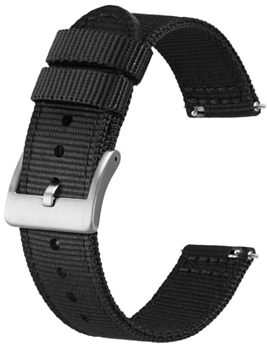 BISONSTRAP Men’s Nylon Watch Bands, Two-Piece Military Watch Straps, Quick Release, Brushed Buckle, 18mm, Black (Silver Buckle)