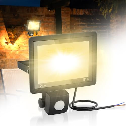 XMTECH Projecteur LED 100 W avec détecteur de mouvement - Projecteur extérieur - Projecteur avec capteur de lumière - Pour jardin, garage - Blanc chaud