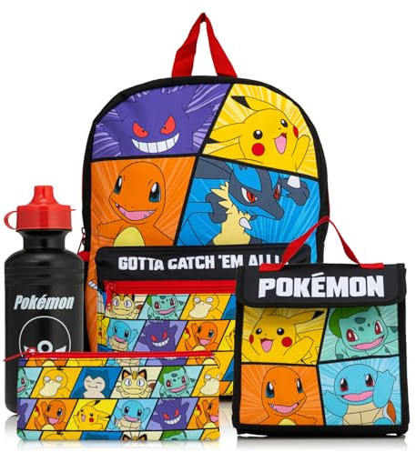 Pokemon Backpack 4 Piece School Set |Includes Lunch Box, Water Bottle, and Pencil Case | Adjustable Padded Shoulder Strap |Mesh Side Pocket | Back to School Bag Set