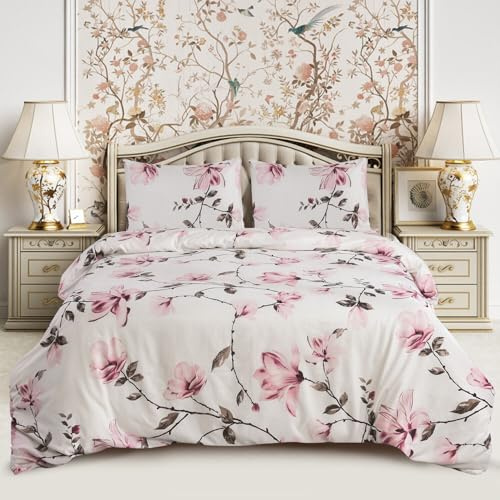 CHARKHAH 4 Piece Reversible Printed Bedding Set Includes 1 Duvet Cover, 1 Deep Fitted Sheet & 2 Pillowcases – Soft Microfibre Easy Care Quilt Cover Set for All Seasons (Spring Pink, King)