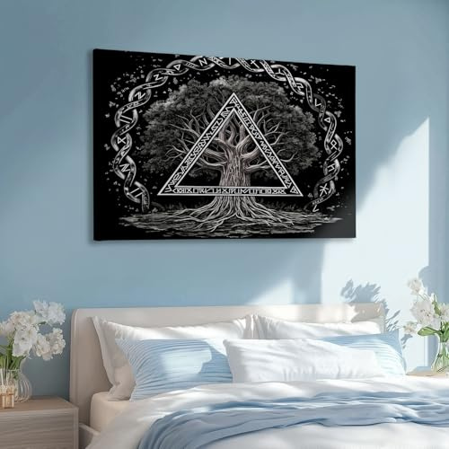 Cuadros grandes en lienzo, cuadro de pared con diseño de árbol de la vida vikingo, imagen rúnica sobre lienzo, arte mural moderno estético, XXL, decoración para salón, dormitorio, regalo, 120 x 60 cm