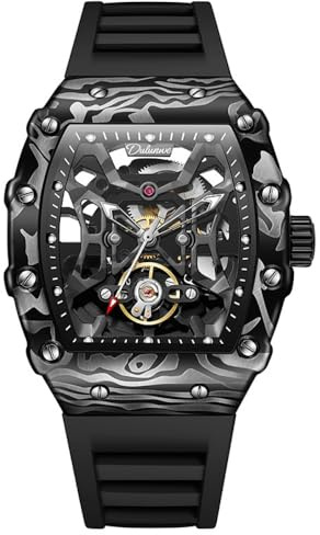 DAXIAOYU innovativ svart ihåligt skelett för män automatisk mekanisk klocka kolfiber legering fodral Tourbillon armbandsur lysande silikonrem vattentät affärsklockor, Svart, Lyx