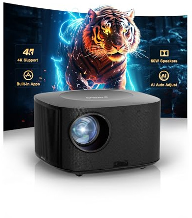 Projector-4K with WiFi and Bluetooth:[60W Dolby Audio/AI Auto Focus/Official Licensed Apps], Outdoor-Projector with Smart OS 2.0 ,ONOAYO ONO5Pro 2.0 Smart Movie Projector for Indoor/Outdoor