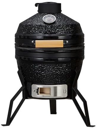 Garvee Barbecue Kamado in Ceramica da 13 Pollici (Ø 33cm), Mini Griglia a Carbonella con Termometro Integrato e Supporto, Affumicatore Portatile per Giardino, Balcone e Campeggio, Nero Lucido
