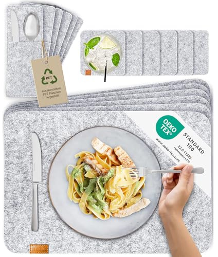 MIQIO® Scandi Style Felt Place Mats with real Leather Label - Washable | Set of 6 Felt Placemats 44x30 cm, Cuttlery Bags, Glass Coasters | Table Mats for Easter Table Decoration | Light Grey