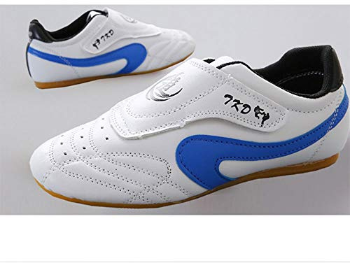MENG Chaussures de Taekwondo, Arts Martiaux Sneaker Boxe Karaté Kung Fu Tai Chi Chaussures Noir Rayures Sneakers Chaussures Légères pour Hommes Femmes Adulte Enfants (Color : Blue, Size : 44)