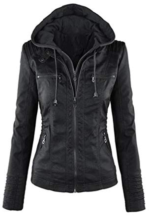 LucaSng Mujer Invierno Cremallera Jackets Chaquetas Deportiva Cuero PU Biker Cazadoras Imitacion Piel Moto Abrigos con Capucha, Chaqueta Corta para el Otoño (Negro, S)