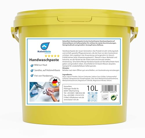 KaiserRein Handwaschpaste 10 L Eimer gelb I Werkstatt I Hobby I Fett und Öl lösende Handwaschpaste Hand-Reiniger Händereiniger gegen Verschmutzungen durch Fett, Öl und Schmutz Sandfrei