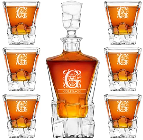 Maverton 950 ml Whiskykaraffe + 6er Whisky Gläser Set mit Gravur - Whiskey Dekanter - luxuriöses Design - Kristallglas - für Männer zum Geburtstag - Buchstabe