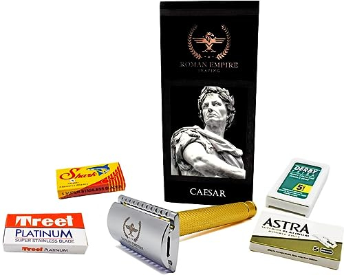 Rasoio di Sicurezza a Doppio Filo Caesar Gold di Roman Empire Shaving | Rasoio Classico | Safety Razor | Rasoio in Acciaio con Set di 20 Lamette da Barba (Astra-Derby-Shark-Treet)