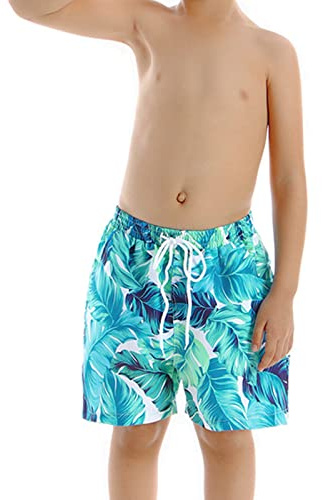 Hixingo Bañadores Niños Natacion,Estilo Tropical Bañador para Niña Niño de 2~12 Años Short de Natación Interior de Malla Secado Rápido Ropa de Baño con Bolsillos Laterales (Hoja de Banana,164)